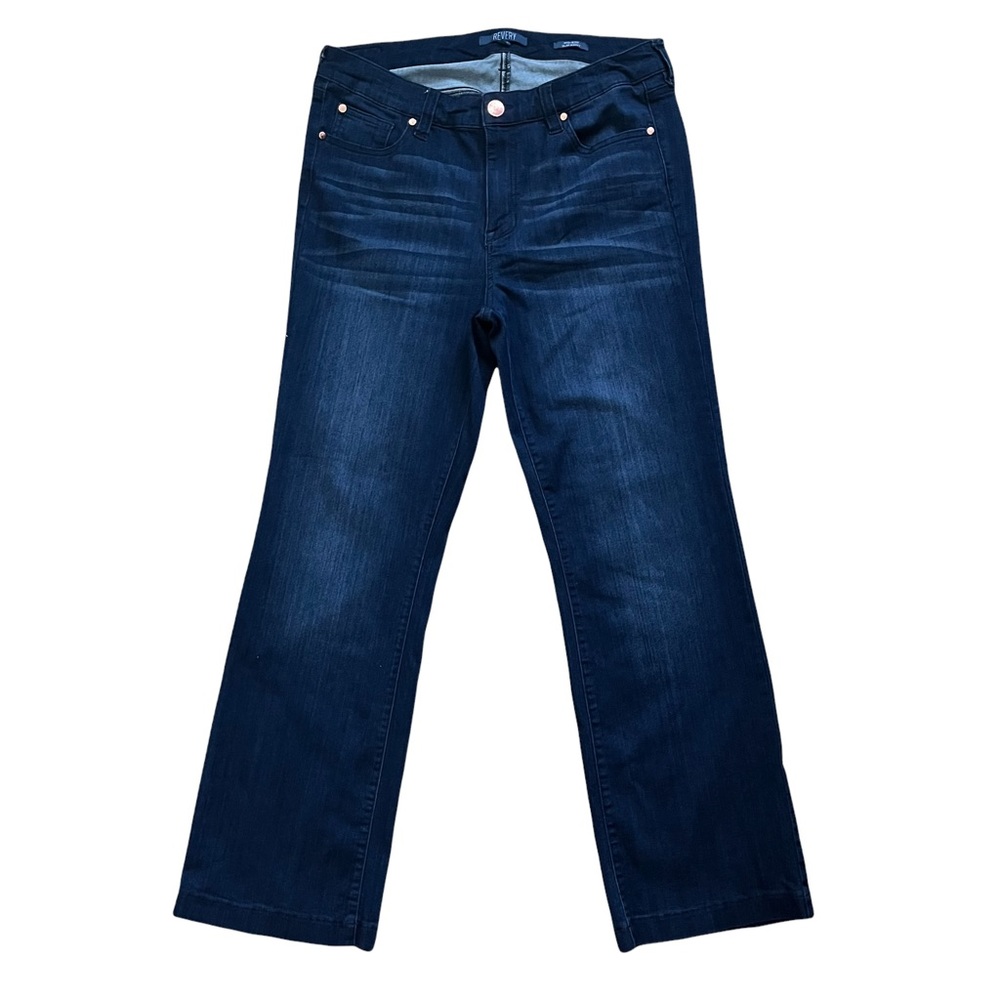 Revery Mid Rise Slim Bootcut Jeans Sz 14 W Blue Super Stretch Rose Gold Buttons